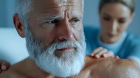 Senior man with white beard receiving professional massage therapy treatment while lying on table, healthcare practitioner working in background with focused expression.