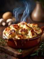Hot steaming potato gratin with golden cheese crust in rustic ceramic dish on wooden board with herbs and vegetables in background for comfort food recipes.