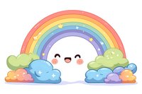 Cheerful kawaii rainbow with happy smiling face surrounded by colorful fluffy clouds and stars in pastel colors, isolated on white background for nursery decor.