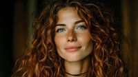 Young woman with curly red hair and green eyes smiling warmly in natural lighting for lifestyle and beauty content.
