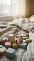 Wooden toy blocks in pastel colors arranged on rumpled bedding near a sunlit window, creating a warm, cozy nursery scene for children's play and development.