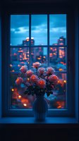 Pink roses in vase on windowsill against evening cityscape with blurred bokeh lights creating romantic urban atmosphere at twilight hour.