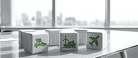 Modern logistics and transportation concept with white cubes featuring green delivery truck, cargo ship and airplane icons on office desk with city view.