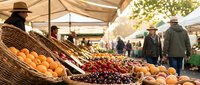 Vibrant outdoor farmers market with fresh fruits in wicker baskets, shoppers browsing stalls under white canopies in warm sunlight.