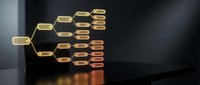 Golden hexagonal network structure with glowing connections on dark surface representing blockchain technology, digital transformation and modern business solutions.