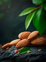 Fresh raw almonds on dark stone surface with green leaves in background, dramatic lighting creates mood for food photography and healthy eating concept.