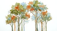 Watercolor autumn forest with colorful trees in orange, green and yellow tones. Hand drawn botanical illustration on white background for seasonal designs.