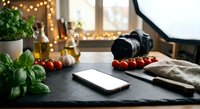 Food photography setup with camera, smartphone, fresh ingredients and warm lighting for content creation and culinary blogging projects.