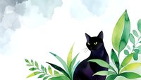Black cat sitting among green tropical leaves and foliage with watercolor cloudy sky background for pet care designs and nature themed projects.