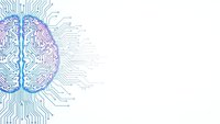 Digital brain with circuit board patterns in blue and pink colors on white background for artificial intelligence and technology concepts.