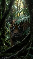 Majestic tiger with piercing blue eyes hiding behind lush tropical foliage in dense jungle environment for wildlife and nature photography concepts.