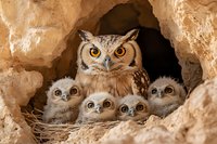 Great horned owl mother protectively watching over four adorable owlets nestled together in natural rocky cave nest, showcasing wildlife parenting and family bonding in nature.