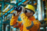 Senior male construction worker in yellow hard hat and orange safety jacket looking through binoculars at industrial site.