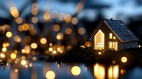 Cozy illuminated house at dusk with glowing bokeh lights creating magical atmosphere. Warm light shines through windows against dark blue evening sky.