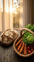 Fresh organic vegetables and artisan bread on rustic wooden table with warm sunlight streaming through window creating cozy kitchen atmosphere for healthy cooking.