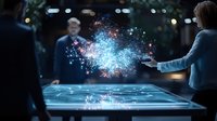 Magical glowing particles float above gaming table as players engage in competitive match, creating ethereal light display in dark room with bokeh background.