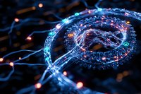 Glowing blue circular network connections with digital elements and light trails against dark background, representing advanced technology and data flow.