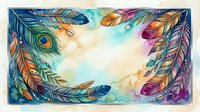Colorful boho feathers watercolor frame border with ornate ethnic patterns, vibrant teal, purple and gold tones on soft background.