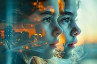 Double exposure portrait of young Asian woman's face merged with urban cityscape at sunset, featuring dramatic teal and orange color palette, creating dreamy atmosphere.