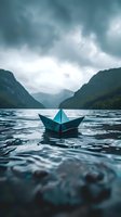 Blue paper boat floating on mountain lake water surface with dramatic stormy clouds and mountains in background, moody atmospheric scene.