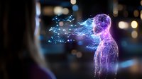 Glowing ethereal figure dissolving into particles with purple and blue light effects against dark background, creating magical atmospheric scene for spiritual concepts.