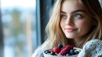 Young blonde woman enjoying fresh berries bowl with raspberries and blueberries by window, healthy breakfast lifestyle nutrition wellness concept.
