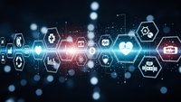Digital healthcare technology network with medical icons and hexagonal interface elements floating over dark cityscape background with bokeh lights.