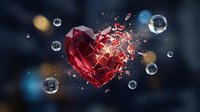 Red crystal heart shattering into fragments with sparkling particles and floating bubbles on dark background for romantic design concepts.