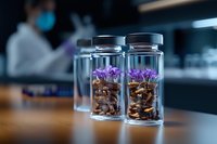 Glass jars containing dried mushrooms topped with purple flowers on wooden surface in laboratory setting, with blurred medical professional in background wearing mask.