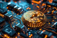 Bitcoin cryptocurrency coin on computer circuit board with glowing orange and blue elements. Close up macro view of electronic components.