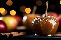 Caramel glazed candy apple with sea salt sprinkled on top, cinnamon sticks and festive bokeh lights in background create autumn holiday atmosphere.