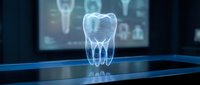 Holographic tooth projection on digital tablet with dental X-rays in background for modern dentistry and oral health technology applications.
