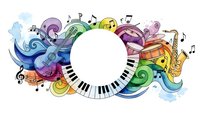 Colorful musical instruments and piano keys with flowing swirls and notes on white background. Jazz, classical music, concert, performance, melody composition.