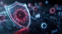 Glowing shield protecting against virus particles on digital circuit background, cybersecurity and medical defense concept visualization in red and blue tones.