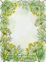 Botanical frame with fennel and dill herbs featuring yellow flowers and green foliage on isolated white background, ready for design projects, invitations, and decorative layouts.