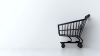 Black metal shopping cart icon on white background for retail and e-commerce design projects.