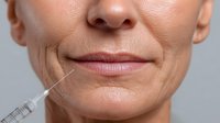 Close-up of mature Caucasian woman receiving cosmetic injection in nasolabial fold area against gray background for anti-aging treatment.