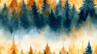 Atmospheric forest landscape in watercolor style with misty fog between golden autumn trees and dark evergreen pines creating moody nature scenery.