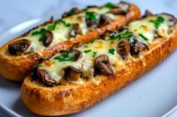 Toasted baguette slices topped with melted mozzarella cheese, sauteed mushrooms and fresh herbs on white plate, close up view of gourmet appetizer.