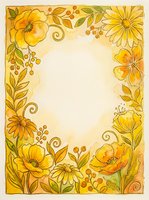 Hand-drawn yellow floral border frame with ornamental leaves and botanical elements surrounding blank cream center space, suitable for invitations, greeting cards, certificates, and decorative design projects.