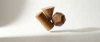 Wooden geometric shapes floating in minimalist composition with soft shadows on neutral background for modern design projects.