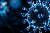 Glowing blue virus particle with spike proteins against dark background, suitable for medical, scientific, healthcare, and educational presentations.