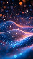 Magical glowing particles creating waves of blue and orange light against dark background with bokeh effect and sparkling dust for festive designs.