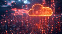 Glowing orange cloud computing symbol floating above digital city skyline with streaming data particles and matrix code background in futuristic style.
