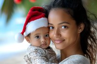 Mixed race mother holding baby wearing Santa hat, both smiling at camera. Warm holiday portrait showing tender maternal bond against soft blurred background.