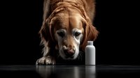 Senior golden retriever dog sniffing white medicine bottle on dark background, dramatic lighting highlights pet curiosity about medication or supplement container.