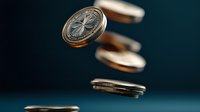 Shiny copper cryptocurrency coins falling and floating against dark background, dramatic lighting highlights metallic texture and engraved details.