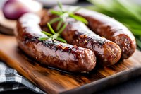 Grilled sausages with fresh herbs served on wooden cutting board, close up view of juicy meat with charred marks and garnished with chives.