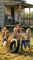Multigenerational family playing with tire swing outside rustic farmhouse with elderly grandparents watching from porch, dog included, rural lifestyle and outdoor recreation.