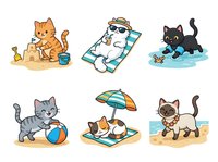 Cartoon cats enjoying summer activities on isolated white background, ready for design use on apparel, stickers, and merchandise applications.